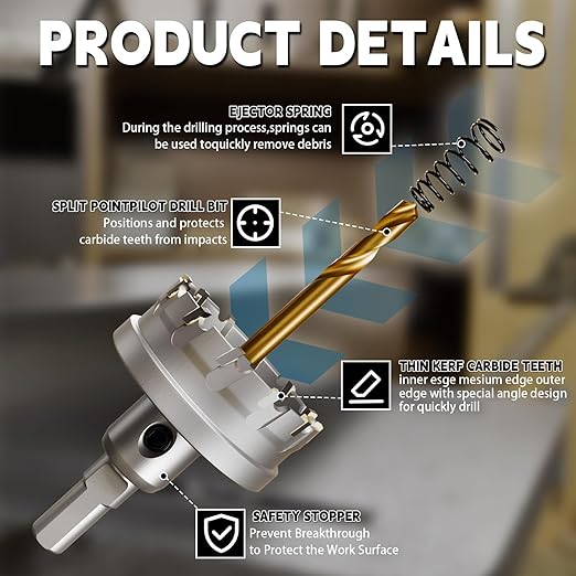 CSOOM Carbide Hole Saw 5 pcs kit, Metal Steel Hole Saw Bits, TCT Hole Cutter for Stainless Steel, Iron, Aluminum, Alloy, Plastic