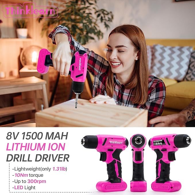 8V Pink Cordless Drill Set, 64 Pcs Pink Power Drill Tool Kit for Women, 3/8"Keyless Chuck Electric Screwdriver Driver Kit for Home DIY and Repair, USB Charger and Storage Box Included