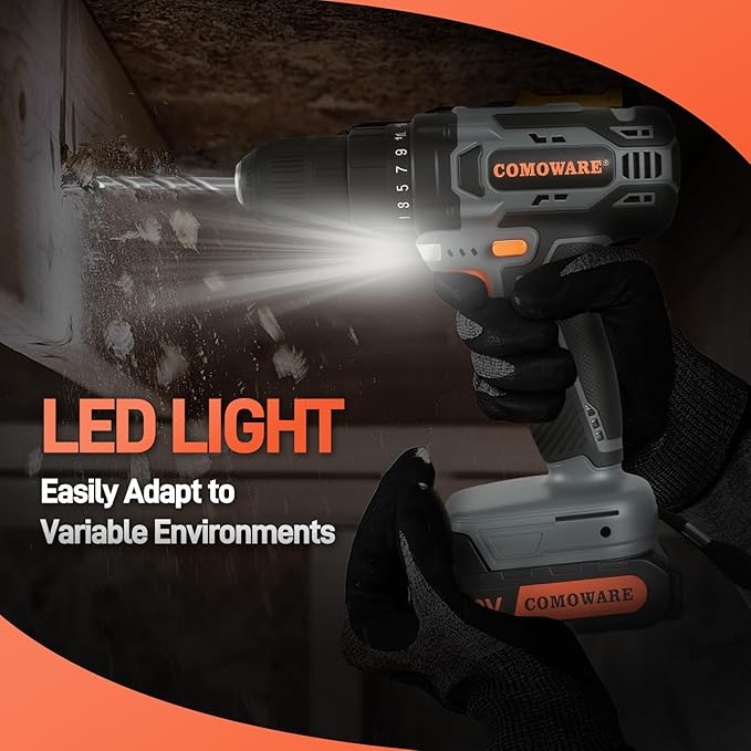 COMOWARE Cordless Drill Set, 20V Electric Power Drill Set,1 Battery & Charger, 3/8" Keyless Chuck, 2 Variable Speed, 266 In-lb Torque, 25+1 Position, Orange