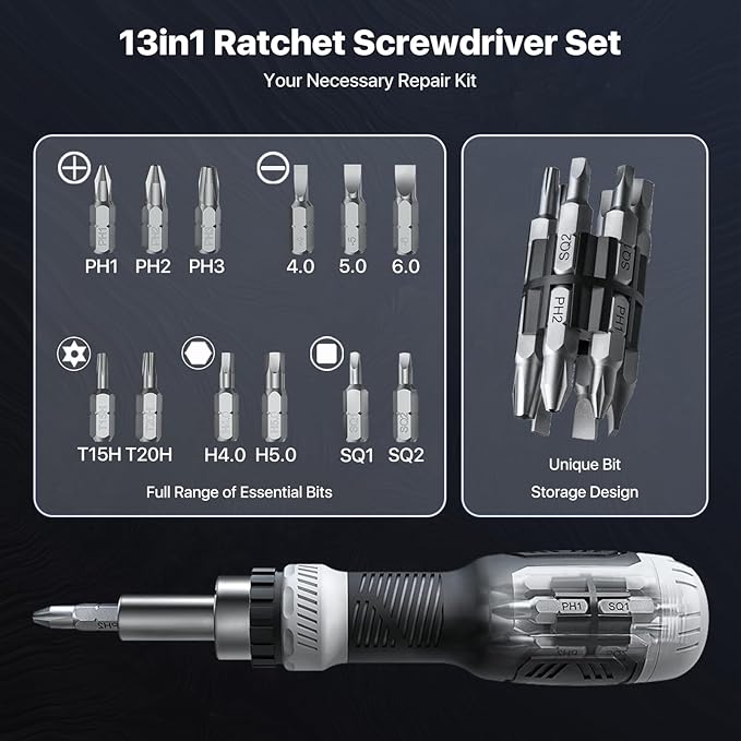 13-in-1 Ratcheting Screwdriver Set Tool All in One, [Built to Last] Screw Driver Set Kit, Flat Head, Philips, Torx, Hex, Square, Repair Kit, Man Gift Nut Driver