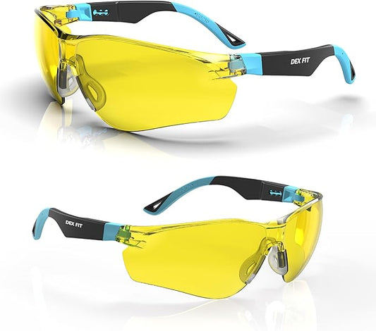 DEX FIT Safety Glasses SG210, Z87 Eye Protection, Anti-Fog & Scratch Resistant, Adjustable for Women and Men, Blue Light Blocking & UV Protection (Black & Blue Frame, Yellow Lens)
