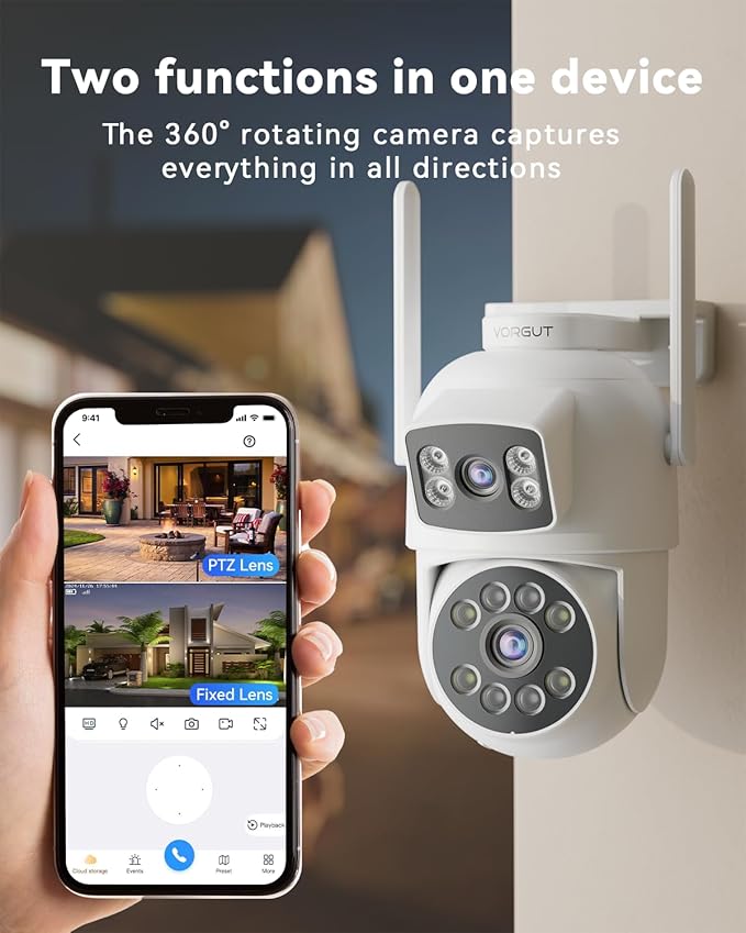 Security Camera Outdoor Wireless, Dual Lens 2K (3MP+3MP) 355° PTZ Home Security WiFi Camera Outside Surveillance Indoor, 2.4G WiFi, PIR Human Detection, Auto Tracking, Color Night Vision, White