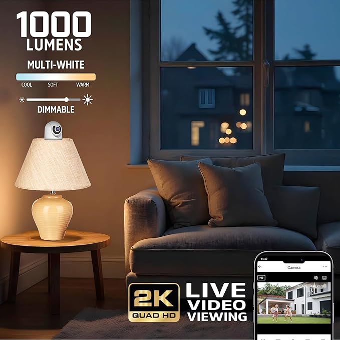 Energizer Smart 2K Light Bulb Security Camera, 1000 Lumens LED Light, 5GHz & 2.4GHz Wi-Fi Outdoor Socket Camera, Auto Tracking, Pan and Tilt, Night Vision, 2-Way Audio, Works with Google Home & Alexa