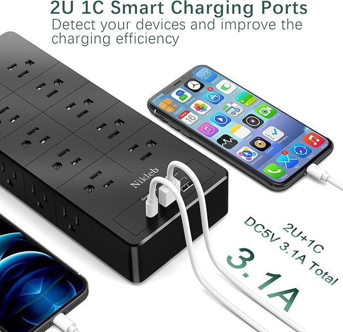 Power Strip 23 in 1, 20 Outlets Surge Protector Wall Mount with 2 USB+1 USB C Ports, Multi Plug Extension Cord 6ft Heavy Duty, Accessories for Gaming, Studio, Home, Office, Desk Organizers