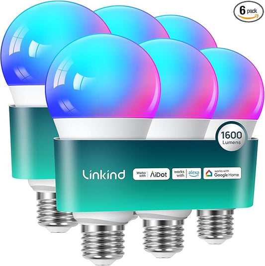 Linkind Smart Light Bulbs, 1600LM (100W Equivalent) Smart Bulb, Compatible with Alexa, RGBTW Color Changing Bulb Music Sync, 2.4GHz Wi-Fi & Bluetooth, LED Alexa Light Bulbs 14W, A21 E26, 6Pack