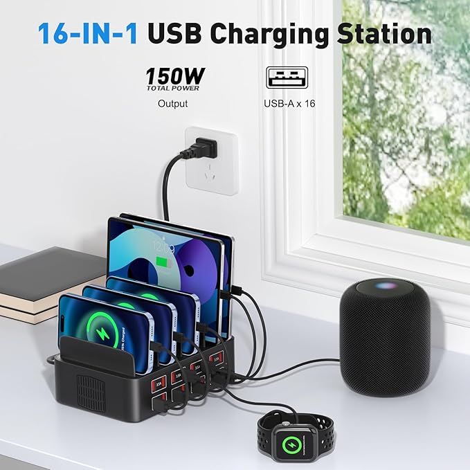 16 Port USB Charging Station, 150W USB a Charging Station - Supports iPhone iPad Android Phones, Watches Game Consoles and Many Other Electronic Devices