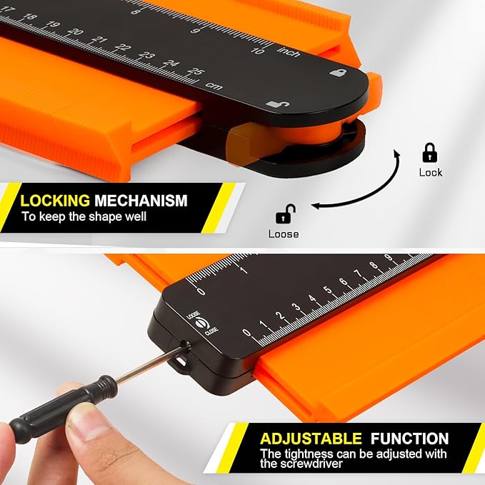 JOREST Contour Gauge Stocking Stuffers + Carpenter Pencil, Christmas Gift Ideas for Dad Men Husband Him, Profile Tool 10 Inch with Lock, Tile Flooring Woodworking, Measuring Shape Outline Edge Angle