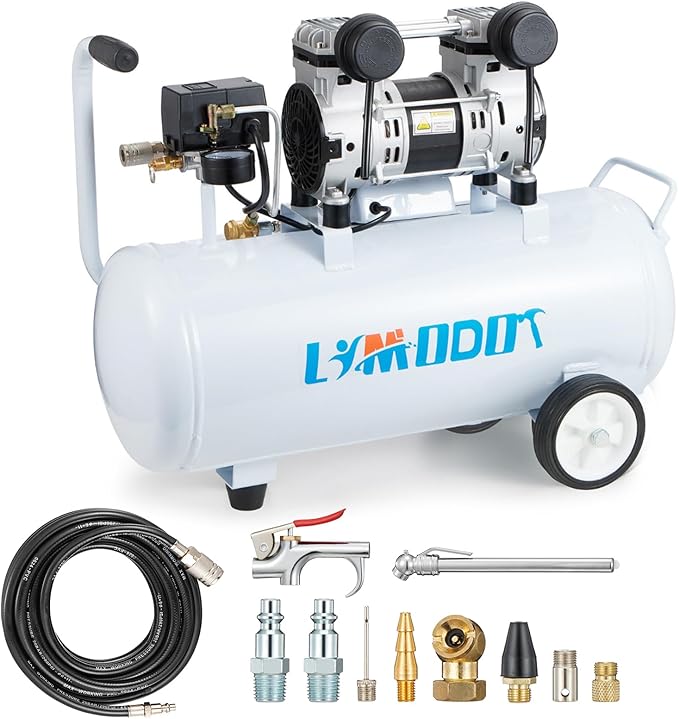 Quiet Air Compressor, Only 68dB, 8 Gallon Steel Tank, 2.8CFM @ 90PSI, Oil-Free, Electric Air Compressor Perfect for Woodwork Nailing, Garage, Car, Pneumatic Tool, Includes 11 Accessories