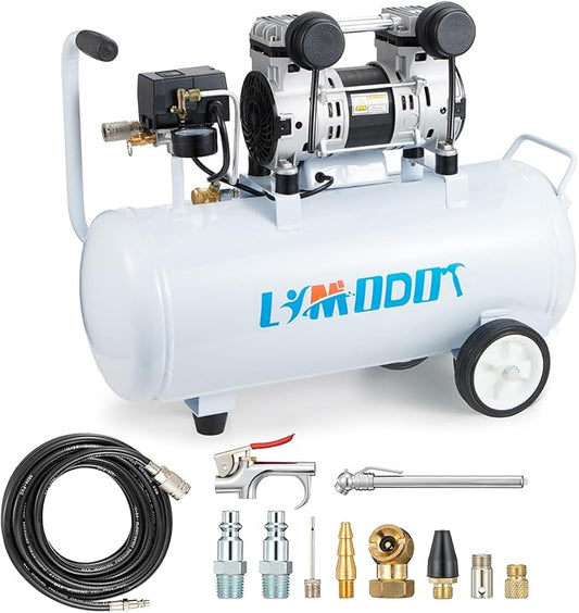 Quiet Air Compressor, Only 68dB, 8 Gallon Steel Tank, 2.8CFM @ 90PSI, Oil-Free, Electric Air Compressor Perfect for Woodwork Nailing, Garage, Car, Pneumatic Tool, Includes 11 Accessories