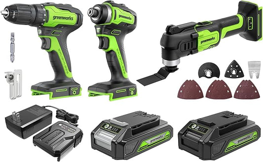 Greenworks 24V 3-pcs Combo Kit: 1950 in-lbs Impact Driver, 310 in./lbs Drill Driver, Multi-Tool, Includes 2 * 2.0Ah and Charger