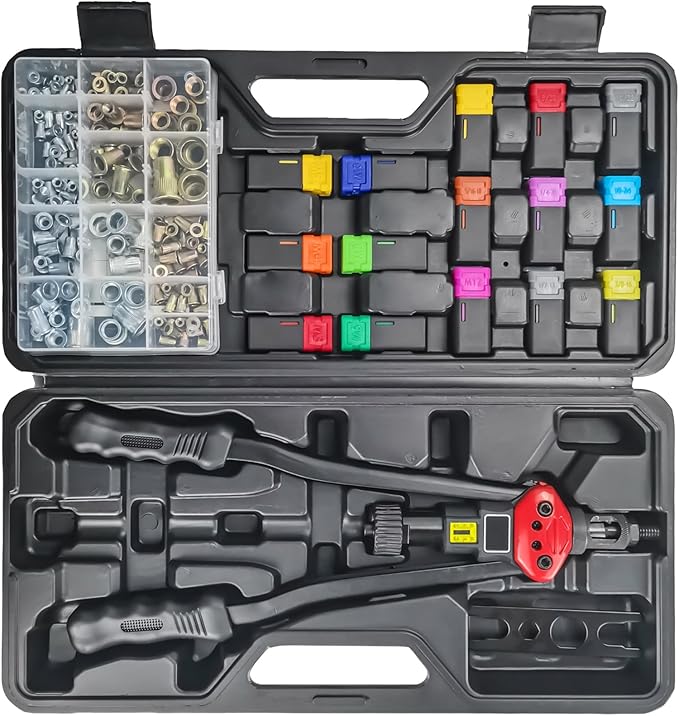 16" Professional Rivet Nut Tool Kit - Lever-Style Rivnut Tool with Visual Stroke Indicator, Nutsert Tool Kit Includes 15 Metric & SAE Mandrels for Threaded Inserts