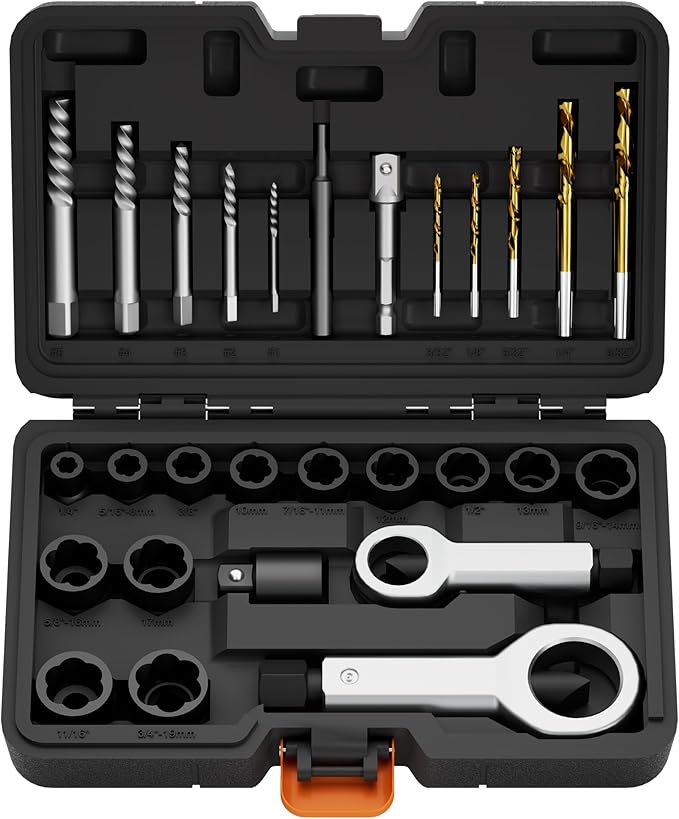 28PCS Bolt Extractor Set, Impact Nut/Bolt Removal Drill Kit, Broken Nut and Bolt Extractor, Cr-Mo Steel, for Removing Socket Screws, Broken Bolts