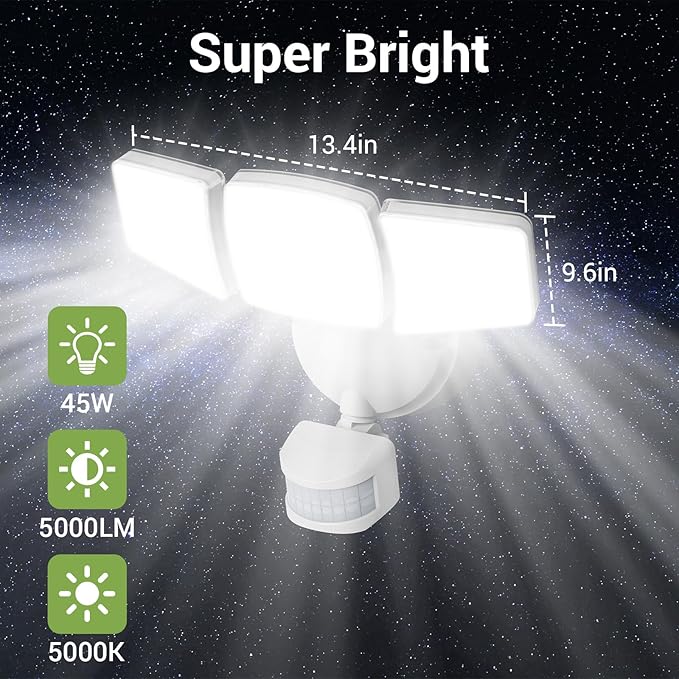 NOVOSTELLA Security Lights Motion Sensor, 1Pack LED Flood Lights Outdoor with Remote, Dusk to Dawn 45W 5000lm 5000K, 3 Heads Wired Wall Adjustable Floodlights, IP65 Waterproof for Garage Yard House