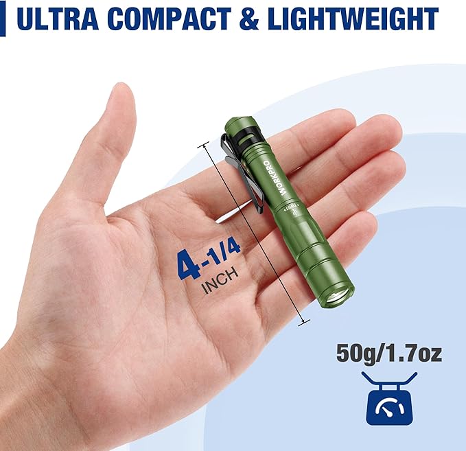 WORKPRO Rechargeable Pen Light, Mini Flashlight, 2 Pack Ultra-Compact EDC Flashlight, Pocket Flashlight with Clip, Memory Function and 2 x USB C Cable Included, Green