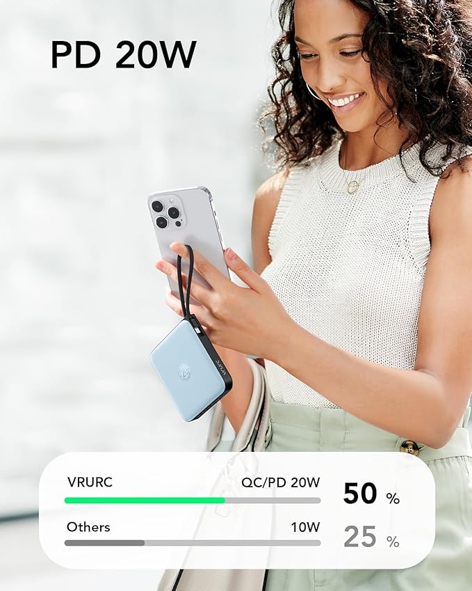 VRURC 10000mAh Portable Charger for iPhone with Built-in Cables, PD 20W Fast Charging Power Bank, Battery Pack for iPhone 16 15 14 13 Samsung Galaxy S25 S24 Series Android, Blue(1 Pack)