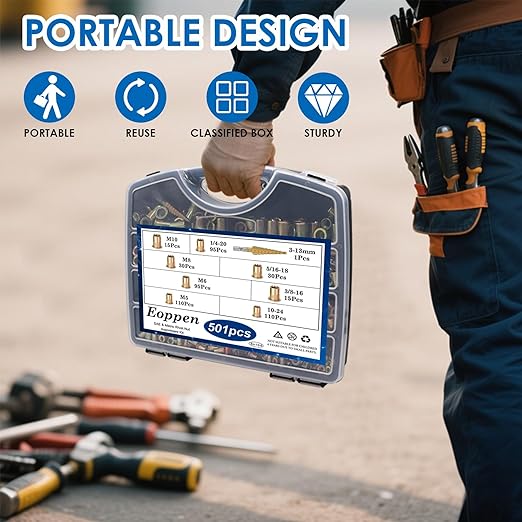 Rivet Nut Tool Kit, Rivnut Tool Kit with 500Pcs Rivet Nuts (M5, M6, M8, M10, 1/4-20, 5/16-18, 3/8-16) and 8 Metric and SAE Mandrels with a Step Drill Bit and Rugged Carrying Case