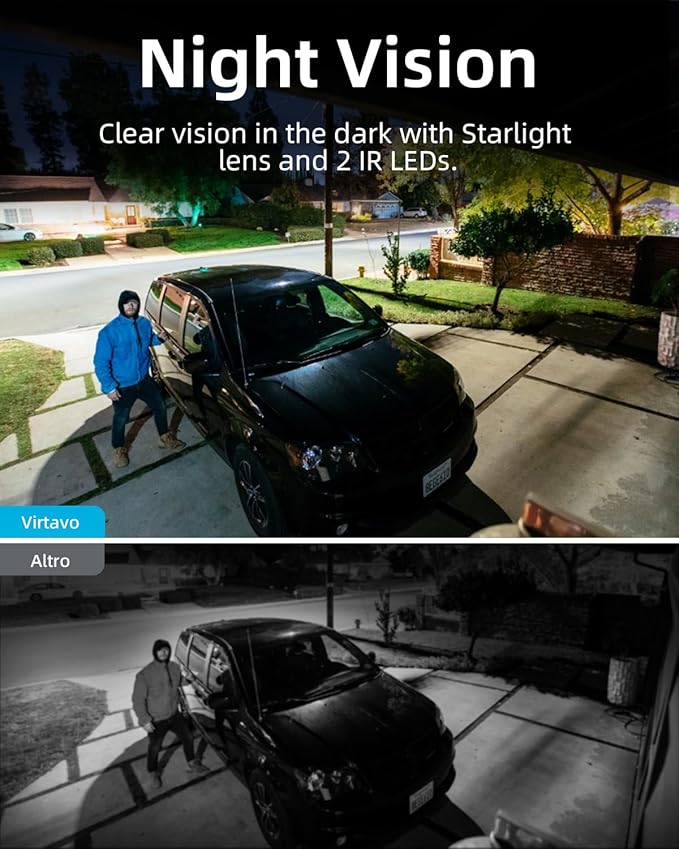 virtavo SolarFlask 2K Solar Security Cameras Wireless Outdoor, Starlight Lens, Color Night Vision, PIR Motion Detection, Battery-Powered, 2-Way Audio, Weatherproof, Cloud/SD Storage, 2.4GHz WiFi