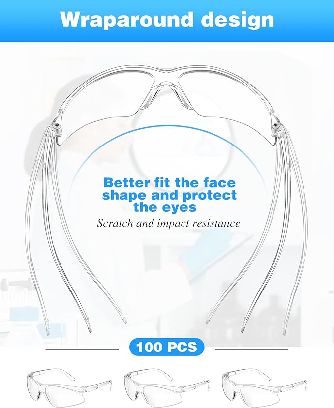 Xuhal 100 Pair Safety Glasses Bulk Clear Eye Protection Ansi Z87.1 Protective over Eyeglasses