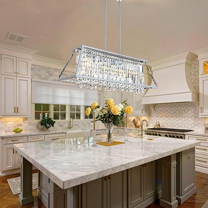 Crystal Chandelier Light for Dining Room, 4-Light Trapezoidal Industrial K9 Crystal Pendant Lights with Metal Frame Pendant Lamp for Kitchen Island Living Room Entryway (Chrome)