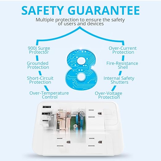 Wall Charger, Surge Protector, 6 Outlet Extender with 3 USB Charging Ports (1 USB C, 3.4A) 900J Wall Mount Power Strip Multi Plug Outlets for Home Travel Office ETL Listed