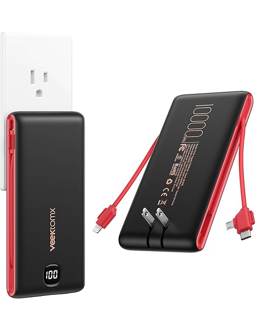 VEEKTOMX Portable Charger with Built in Cables 10000mAh, Power Bank for iPhone with AC Wall Plug, Fast Charging USB C Slim Battery Pack with LED Display Compatible with iPhone16/15/14/13, Samsung