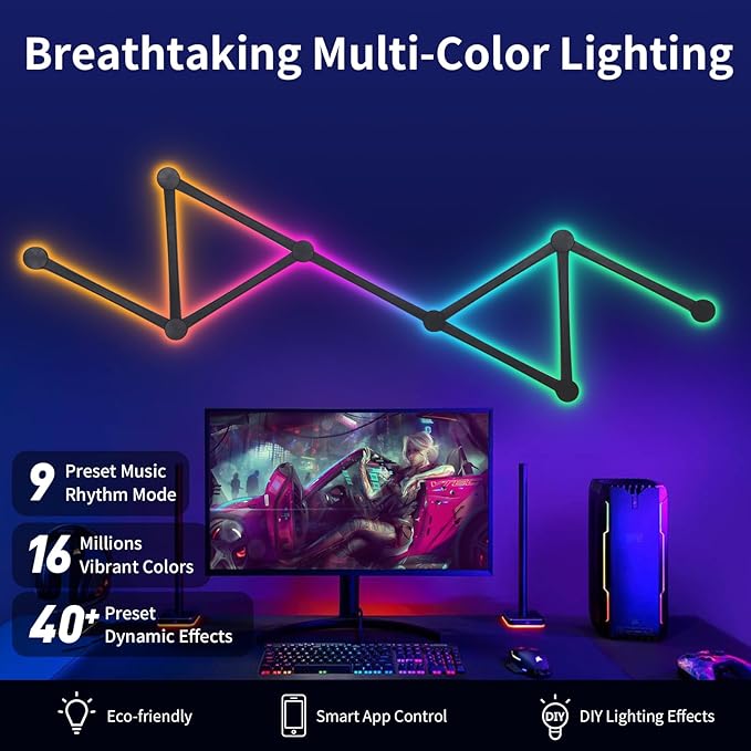 Smart Wall Light Lines, WiFi RGB LED Light Bars, 16M+ Color Dimmable Music Sync DIY Home Decor Light Bars for Gaming Party Streaming Lovers, Work with Alexa & Google Assistant (9 Lines,Black)