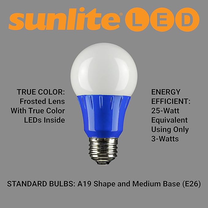 Sunlite 80145 A19 Colored Light Bulb 3 Watts (25w Equivalent), E26 Medium Base, Non-Dimmable, UL Listed, Party Decoration, Holiday Lighting, 1 Count, Blue