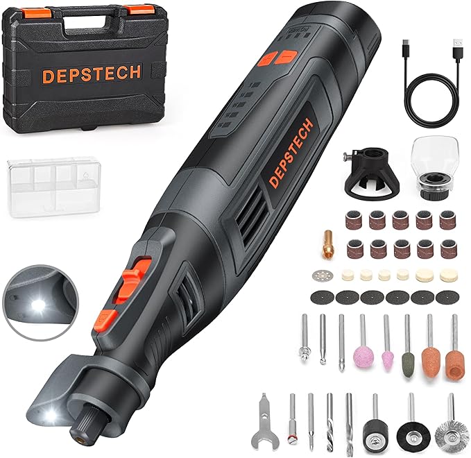 DEPSTECH Cordless Rotary Tool Kit, 8V 2.5Ah Larger Battery, 5-Speed 30000RPM Max, LED Work Light, Power Multi Tool 47Pcs Enduring Accessories Set for Carving, Polishing, Sanding, Drilling, DIY Crafts