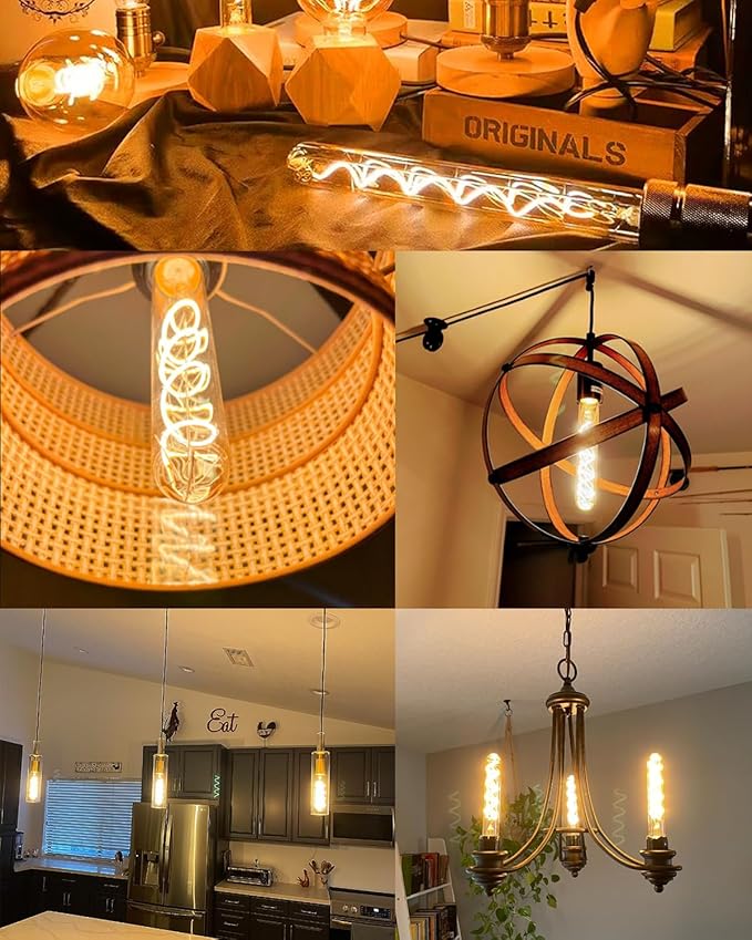 Leools Vintage LED Spiral Filament Bulb T10, 11.8inch Long Tubular Dimmable Edison Light Bulbs,E26 Base,Amber Glass,Warm White,2200K, (60W Equivalent), Pack of 4