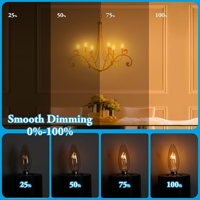 Amber Candelabra Bulb 25W Equivalent, 2W Ultra-Fine Filament E12 Base Candelabra LED Light Bulb, Dimmable Amber LED Bulbs 2000k Soft Warm, Candle Chandelier Light Bulbs, 6 Pack