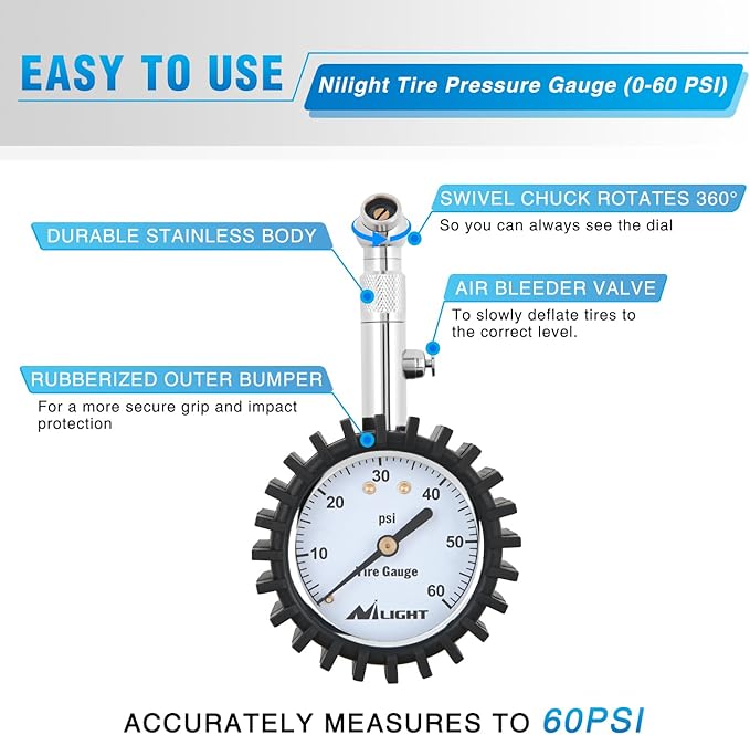 Nilight Tire Pressure Gauge 60PSI Heavy Duty Stainless Steel Air Chucks ANSI B40.1 Certified Large 2" Dial Wheel Service Checker for Truck Semi Truck ATV Motorhome Cars & RV Accessories