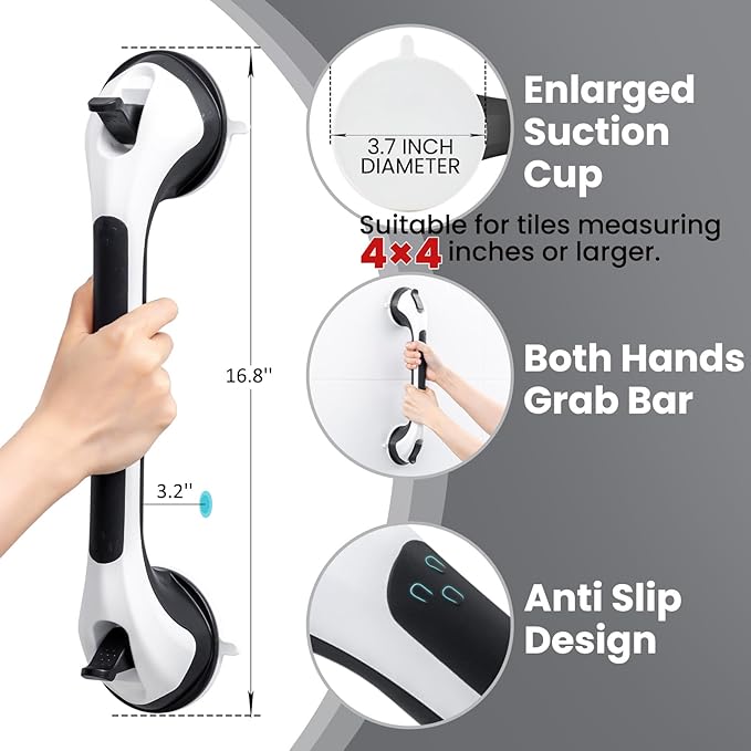 TAILI Shower Grab Bar Glow in The Dark, 2 Pack 16.8 in Grab Bars for Bathtubs and Showers, Shower Handle Shower Rail for Seniors and Elderly,Bathroom Safety Grip Removable No Drilling Waterproof Black