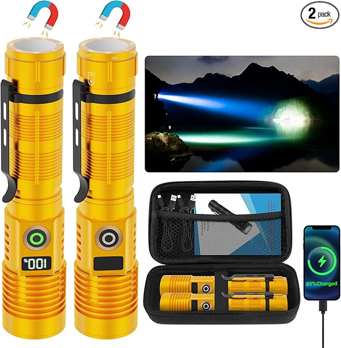 Rechargeable Flashlight High Lumens-Super Bright Magnetic Flash Light with Power Digital Display, Long Range,Dimmable,Waterproof,Pocket LED Flashlights for Emergency Camping 2PC Gold