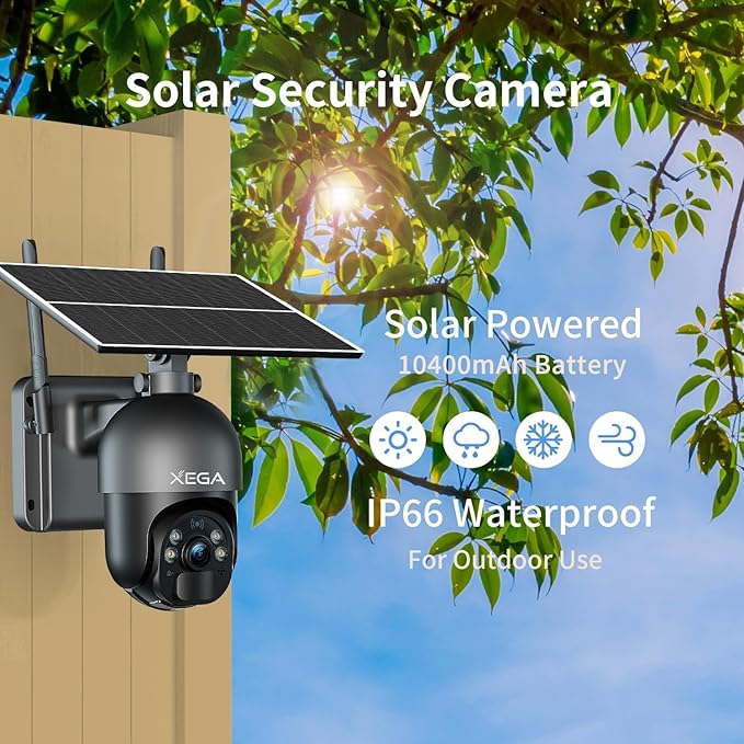 Xega 4G LTE Cellular Security Camera Outdoor Solar Camera Wireless Built-in SIM Card, 2K HD Color Night Vision PTZ 360° View, Smart PIR Motion Detection, 2-Way Talk, No WiFi, IP66