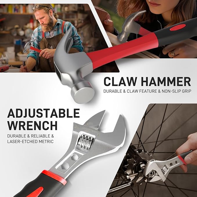 COMOWARE 218 Pcs Home Tool Kit - Basic Household Hand Tool Set, Truck Tool Kit Socket Wrench Combination Tool Set for Home with Plastic Toolbox Storage Case, Rv tool set，Red