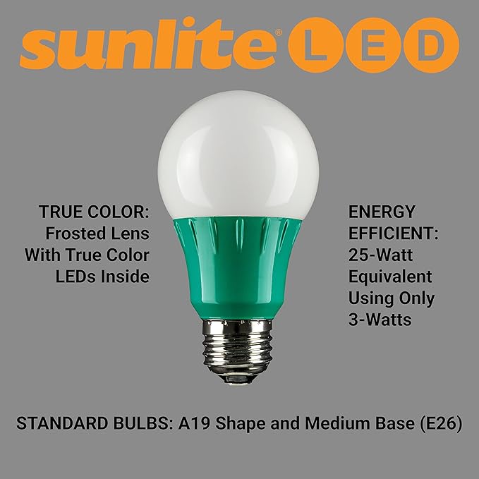 Sunlite 80146 LED A19 Colored Light Bulb, 3 Watts (25w Equivalent), E26 Medium Base, Non-Dimmable, UL Listed, Party Decoration, Holiday Lighting, 1 Count, Green