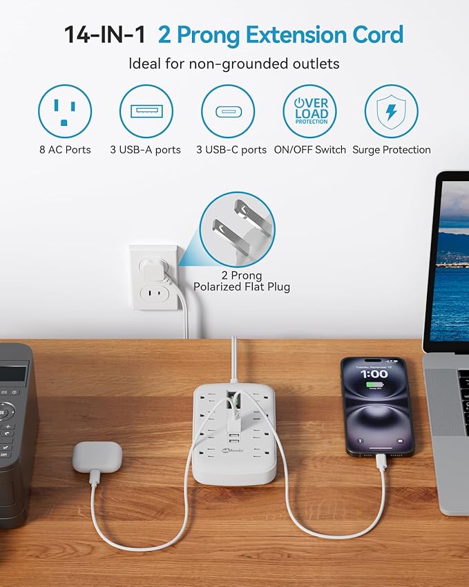 2 Prong Extension Cord with Multi Plug Outlet Surge Protector (1700J), 3 Prong to 2 Prong Adapter, 1875W Appliance Extension Cord 3 FT with 8 Outlets 3 USB-A and 3 USB-C, Wall Mountable for Old House