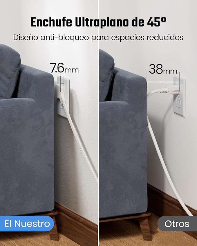 Extension Cord 6ft SUPERDANNY Mini Power Strip Ultra Right Angled Flat Plug for Tight Spaces,Indoor Extension with 3 Outlets,for Office Home Appliances,Non Surge Protector for Travel Cruise,White