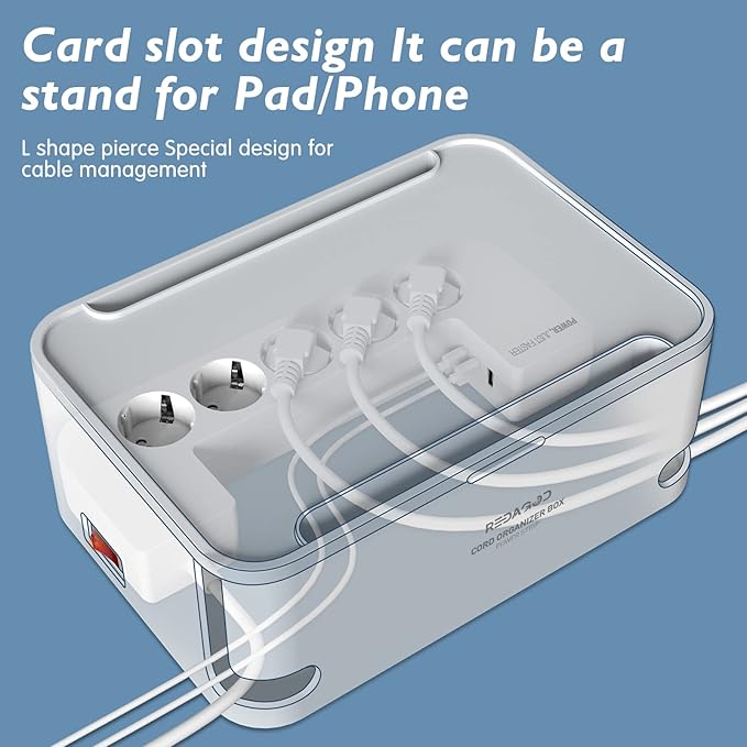 Power Strip with Cable Management Box, Redagod Surge Protector 8 Outlets and 3 USB Ports with Switch Control, 6.6 ft Flat Plug Extension Cord, Organizer Charging Station for Kitchen, Dorm, Office,Home