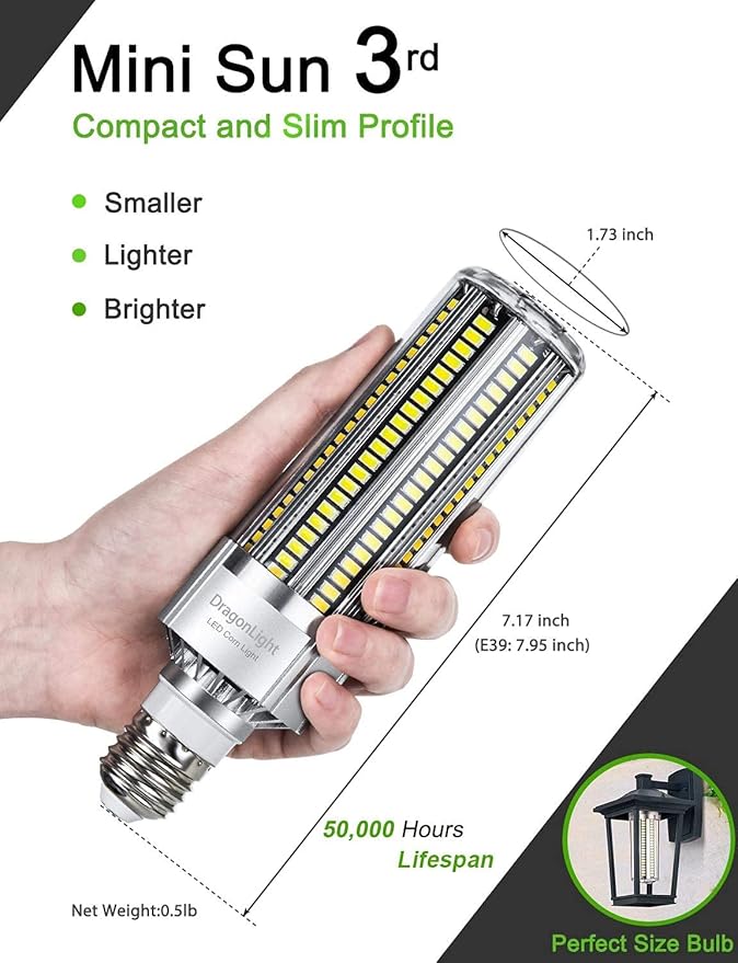 DragonLight 60W Corn LED Light Bulb (200 Watt Metal Halide/HID/HPS Replacement) E26/E39 Large Mogul Base LED Lamp 6000K Daylight 7,200LM
