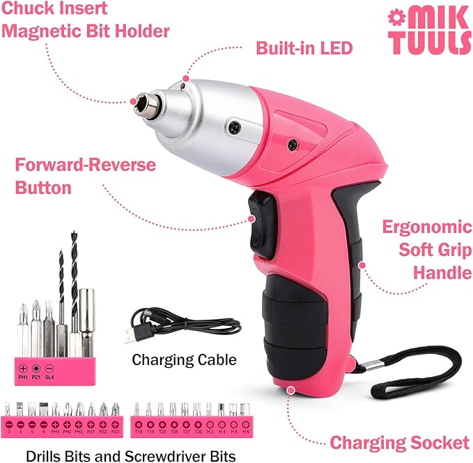 Electric Screwdriver Tool Set 112PCS, Home Tool Kit with 3.6V Small Power Cordless Screwdriver for Women, Pink