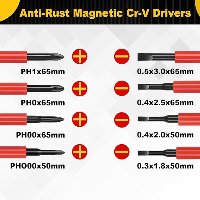 1000V Mini Insulated Electrician Screwdriver Set 8-Piece, Magnetic Tip Mini Electrician Screwdriver Set Slotted(1.8mm,2.0mm2.5mm,3.0mm), Phillips: (PH1, PH0, PH00, PH000)