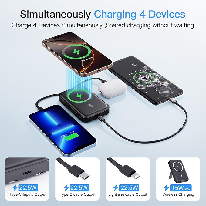 2025 Latest Portable Charger, 16800mAh Magnetic Wireless Power Bank with 2 Built in Cables, LED Display Battery Pack Travel Essentials for iPhone 16/15/14/13/12/Pro/Mini/Pro Max Andriod