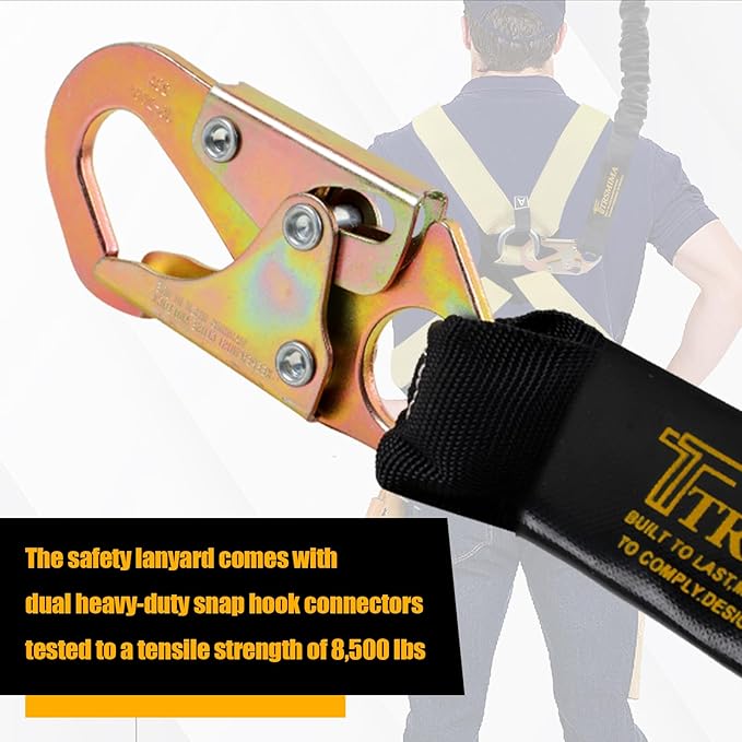 TRSMIMA Safety Harness Lanyard Retractable - Fall Protection Climbing Tree Strap 6 FT Single Leg Internal Shock Absorbing with Hook