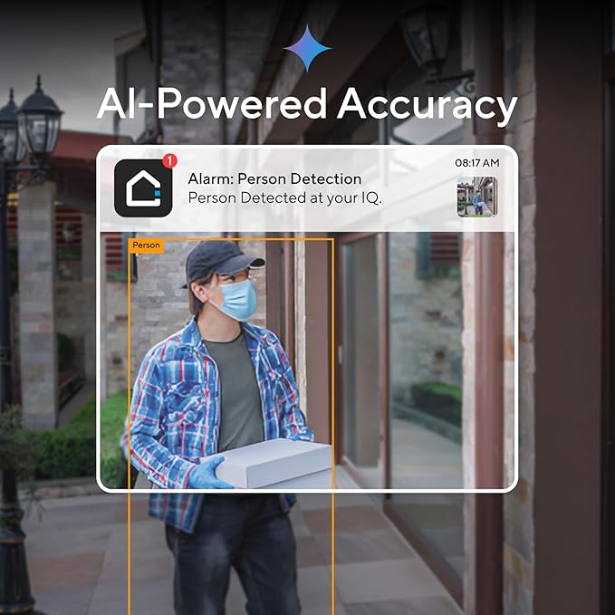 IQ 4K UHD Wired AI Security Camera – 160° Wide Angle, Free 7‑Day Cloud Storage, Dual PoE/Wi‑Fi Connectivity, Person/Vehicle/Face Detection, Two‑Way Audio & Spotlight