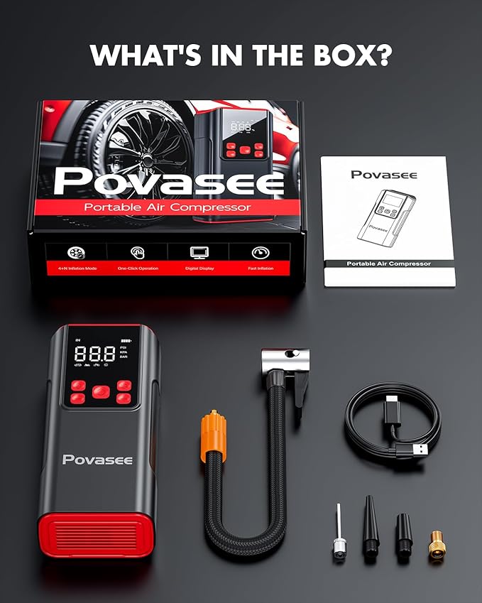 Tire Inflator Portable Air Compressor Povasee 150PSI Portable Air Pump for Tires Cordless Car Tire Inflator with LCD Display,Flashlight, 2X Tire Pump Faster suit for Cars Bikes Motorcycle Ball