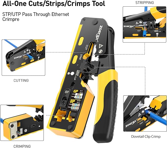 Cat7 RJ45 Crimping Tool, Cat 7 Cat6 Cat5 Pass Through Ethernet Crimping Tool Kit, Network Crimping Tool With Cable Tester, Multiply Stripper, Blades,50Pcs Cat 6 Connectors and Strain Relief Boots