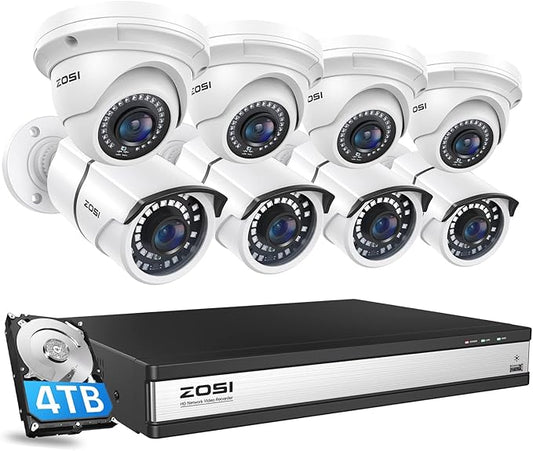 ZOSI 16CH 4K PoE Home Security Camera System,H.265+ 8MP 16 Channel CCTV NVR with 4TB HDD for 24-7 Recording,8pcs Wired 5MP PoE IP Cameras Outdoor Indoor,Night Vision,Motion Alert,Remote Access