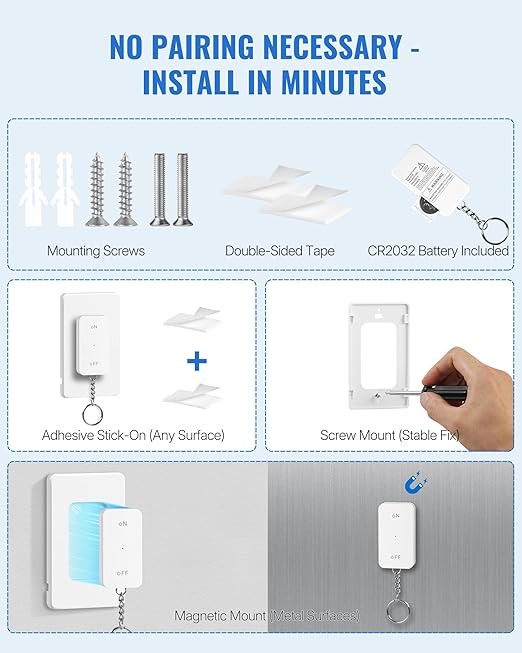 Remote Control Outlet, WILAWELS Wireless Light Switch with Magnetic Base, On Off Remote Outlet Switch for Lights, Lamps, Fan, Appliance, 100ft RF Range, 15A/1875W, One Remote for Two Plugs W09RC1206
