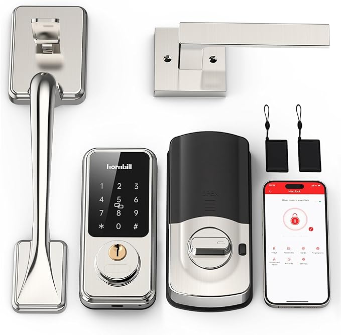 Hornbill Smart Front Door Lock Set, Keyless Entry Door Lock with Handle, Smart Deadbolt Keypad Lock, Alexa Front Door Handle Set, Bluetooth Digital Lock with APP/IC Cards/Auto Lock/1-Touch Lock/Keys